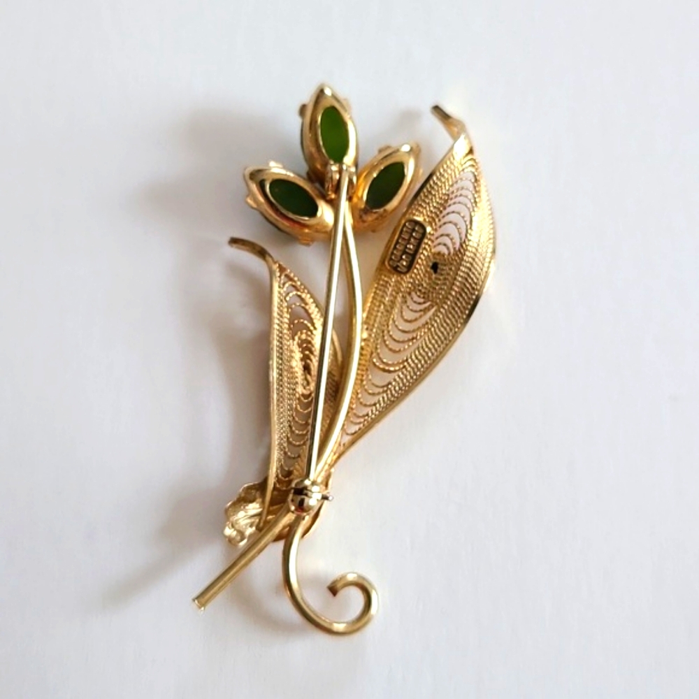 Gold & Emerald Floral Brooch Pin - Picture 2 of 5